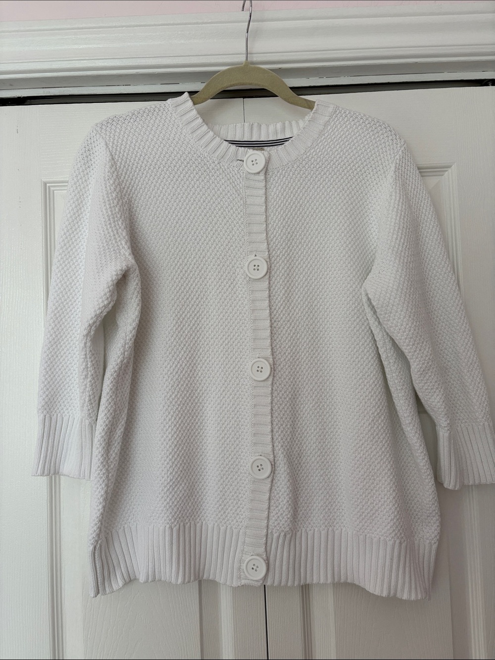 L.L. Bean White Textured Button-Front Knit Cardigan